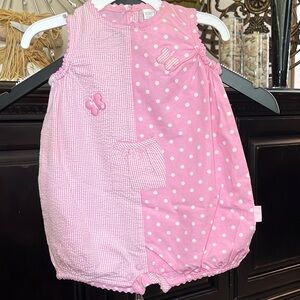Carter's Pink and White Seersucker Striped and Polka Dot Romper NWOT
